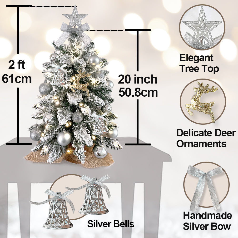 2ft Mini Christmas Tree With Light Artificial Small Tabletop Christmas Decoration With Flocked Snow